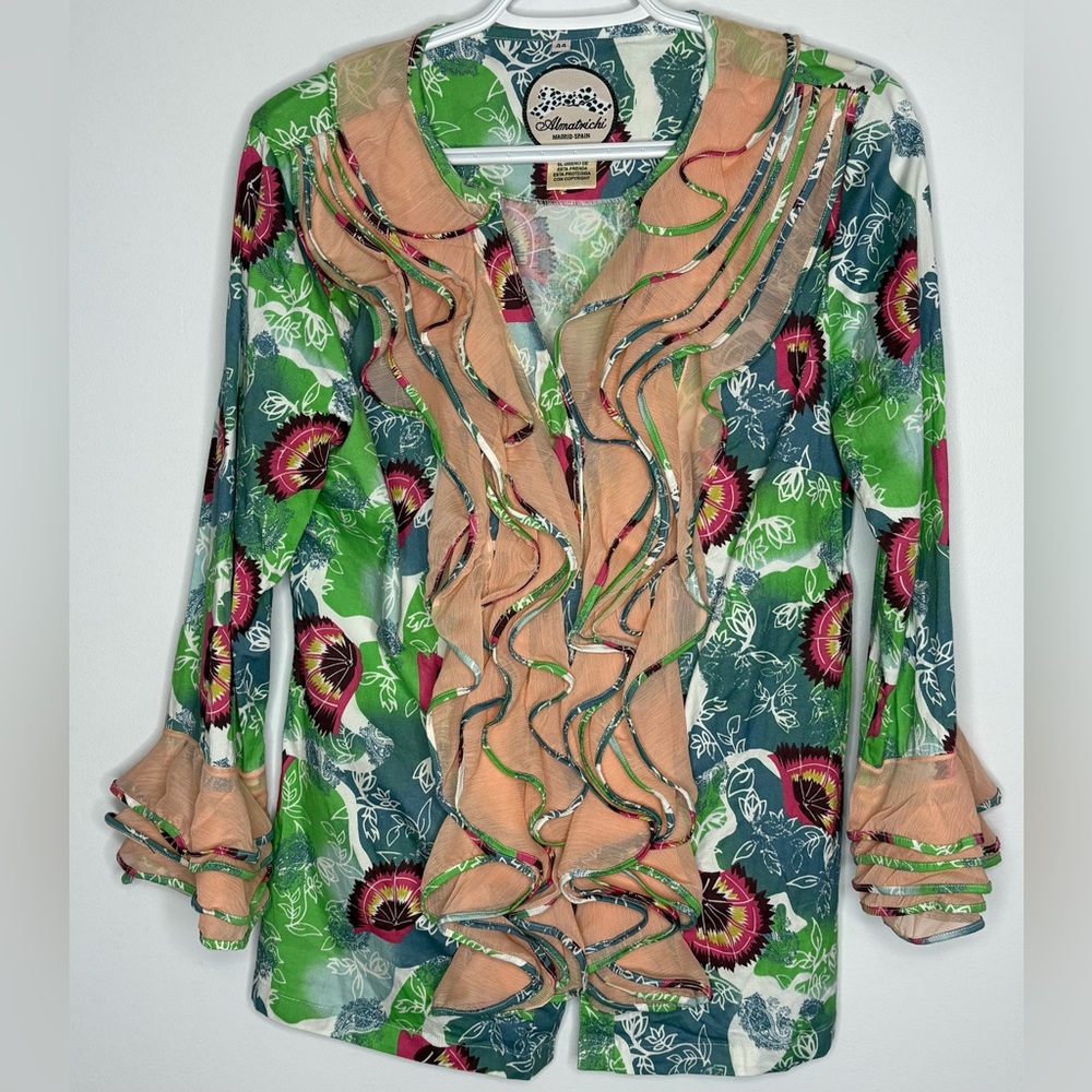 Almatrichi Madrid Spain Ruffled 3/4 Sleeve Blouse Orange and Green Print NWOT